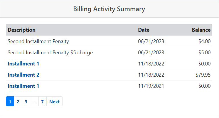 Example of bill activity screen